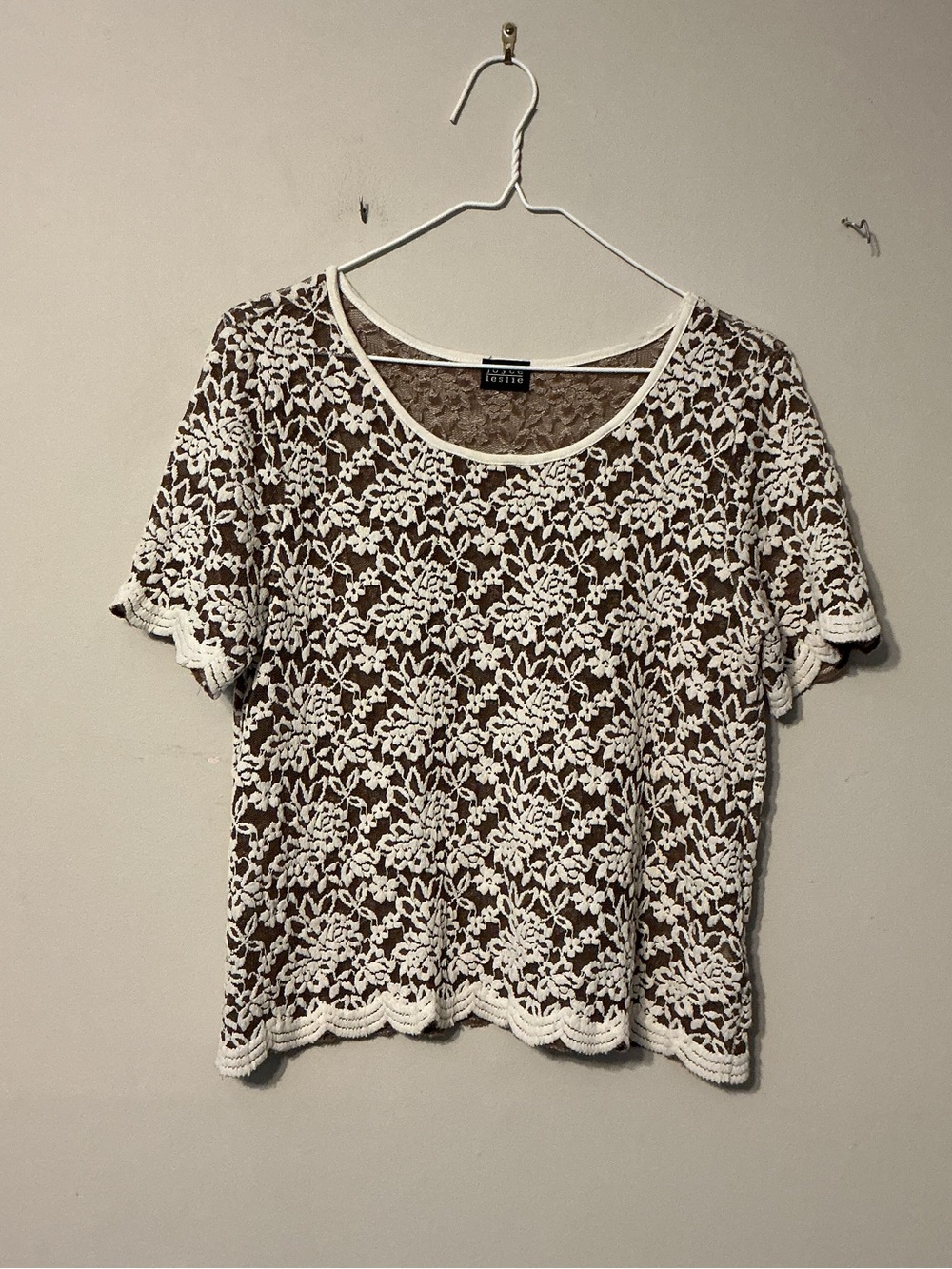 Vintage Joyce Leslie White Lace Overlay Top with Brown Underlayer